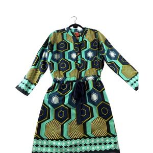 Tracy Negoshian Geometric Hexagon Print Tie Waist Shift Dress Teal Navy Yellow M
